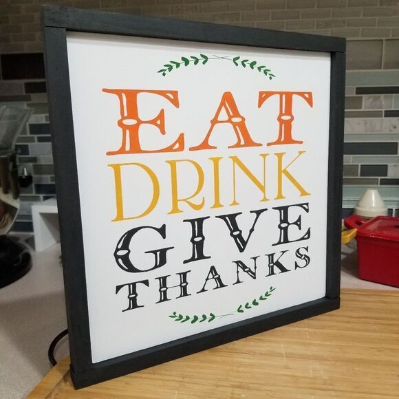 EAT Drink Give Thanks Framed Wood Sign Thanksgiving Holiday Decor Farmhouse Sign - Picture 2 of 4